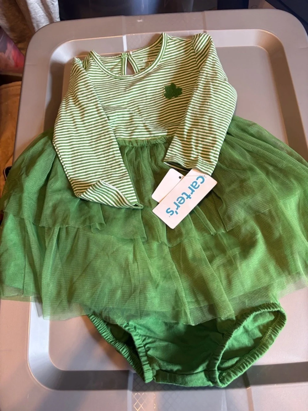 Carter's Green and White Striped Dress with Tulle Skirt